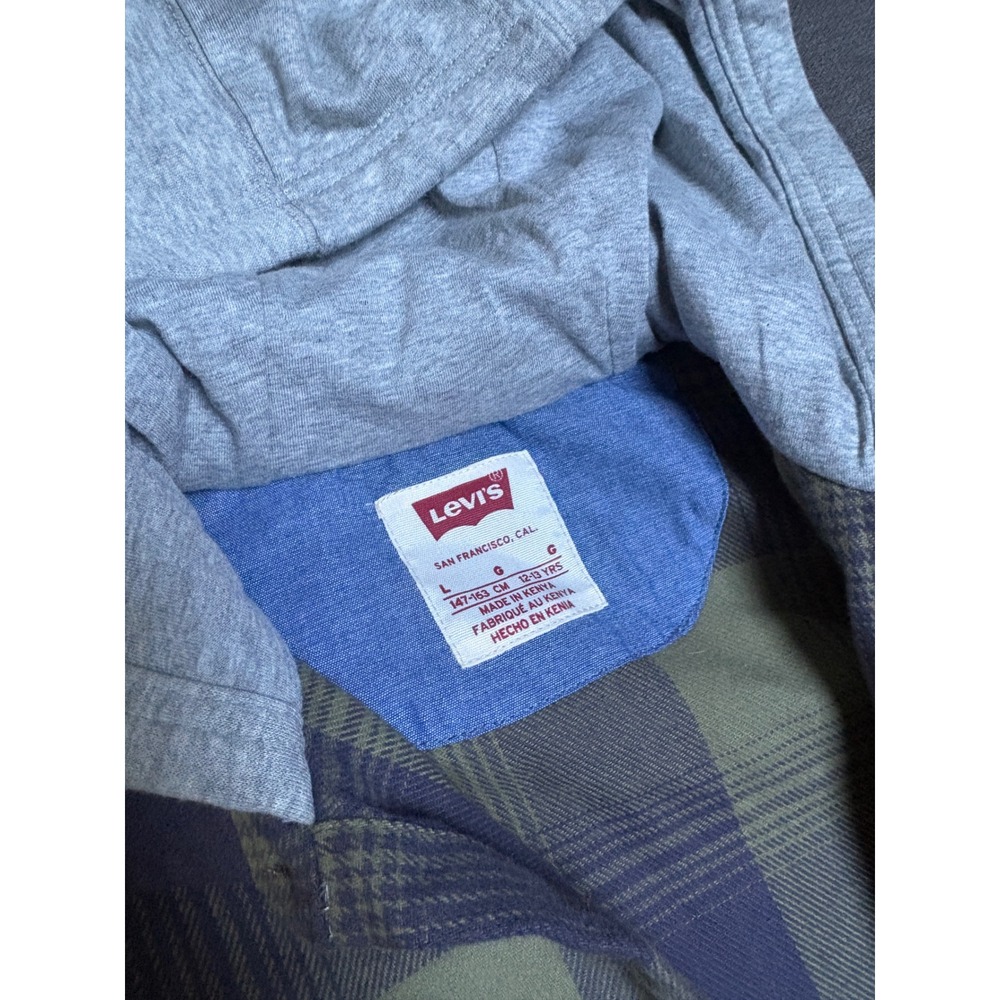 Levi's Boys Hooded Plaid Flannel Shirt Jacket NWT Size Large 12-13 Green Blue - Picture 2 of 4